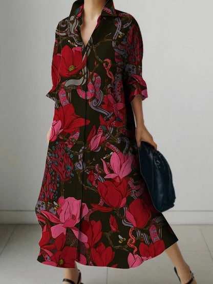 Elegant Floral Print Long Sleeve Knee Dress
