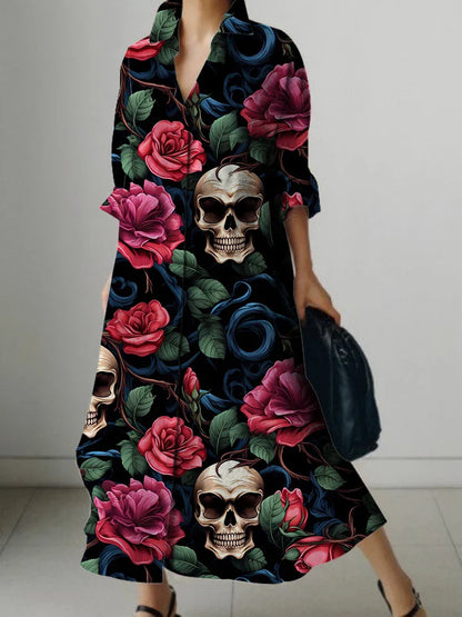 Elegant Floral Print Long Sleeve Knee Dress