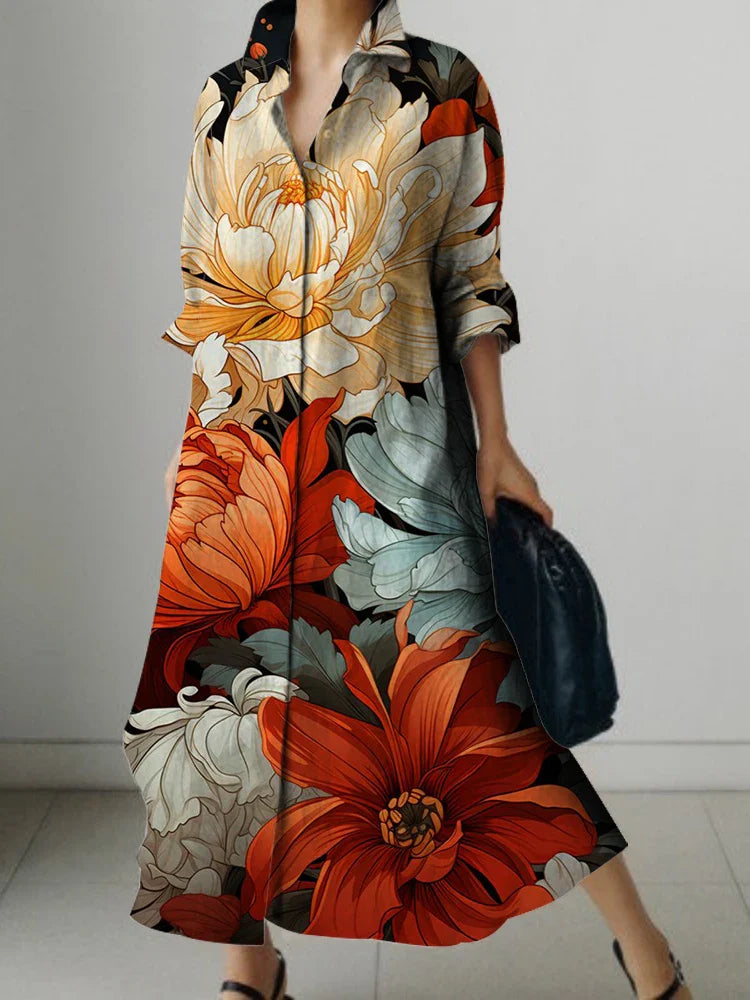 Elegant Floral Print Long Sleeve Knee Dress