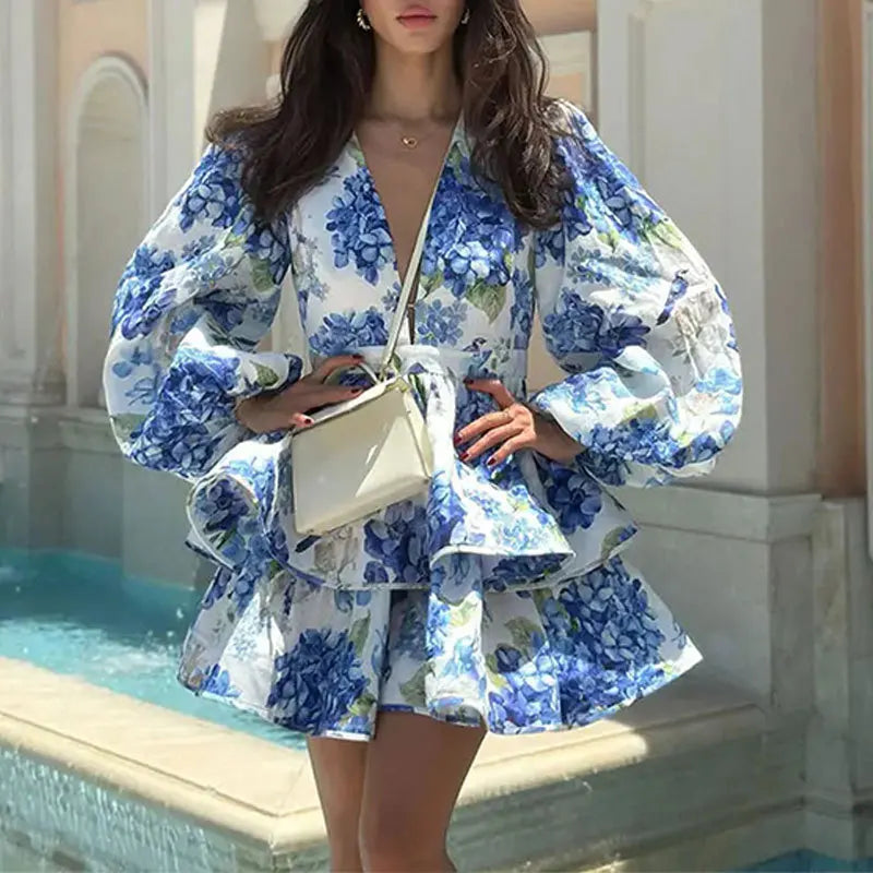 Elegant Floral Ruffle Layered Mini Evening Dress