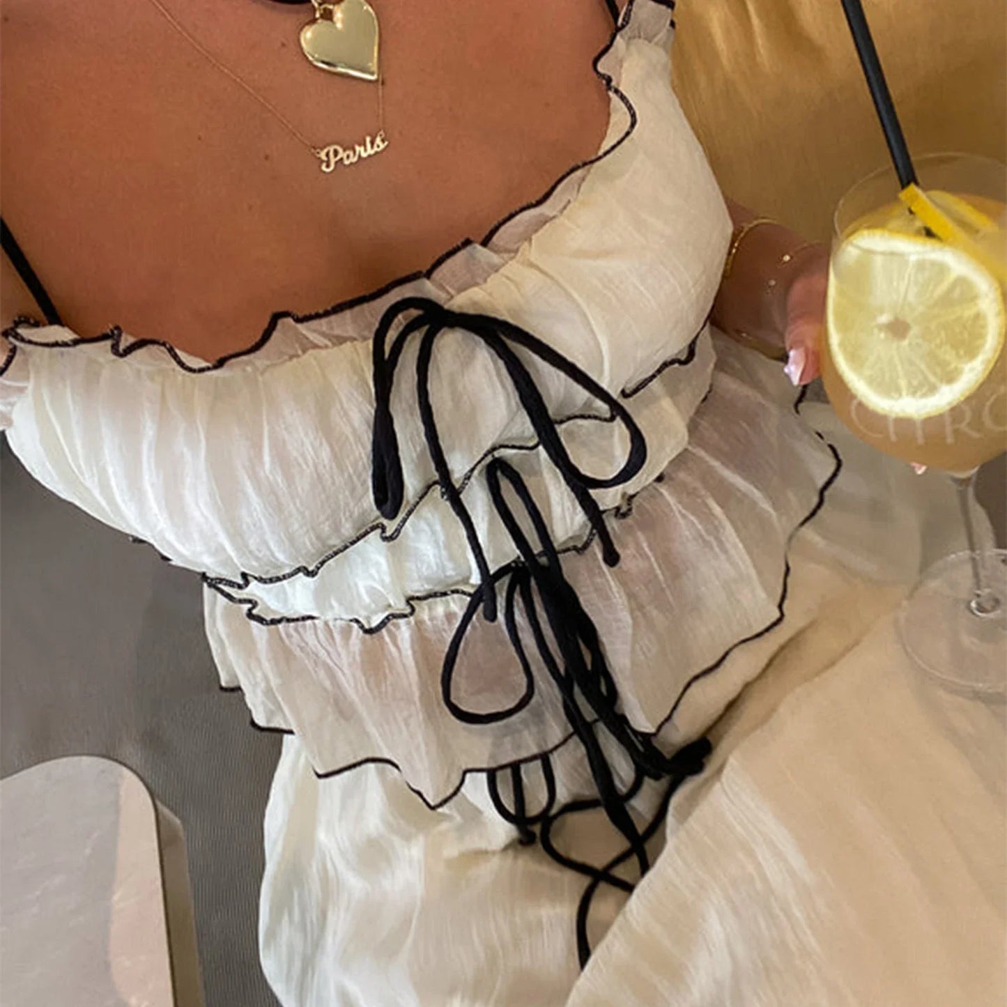 Ruffles Tie-Up Crop Top A-line Maxi Skirt Two Pieces Set