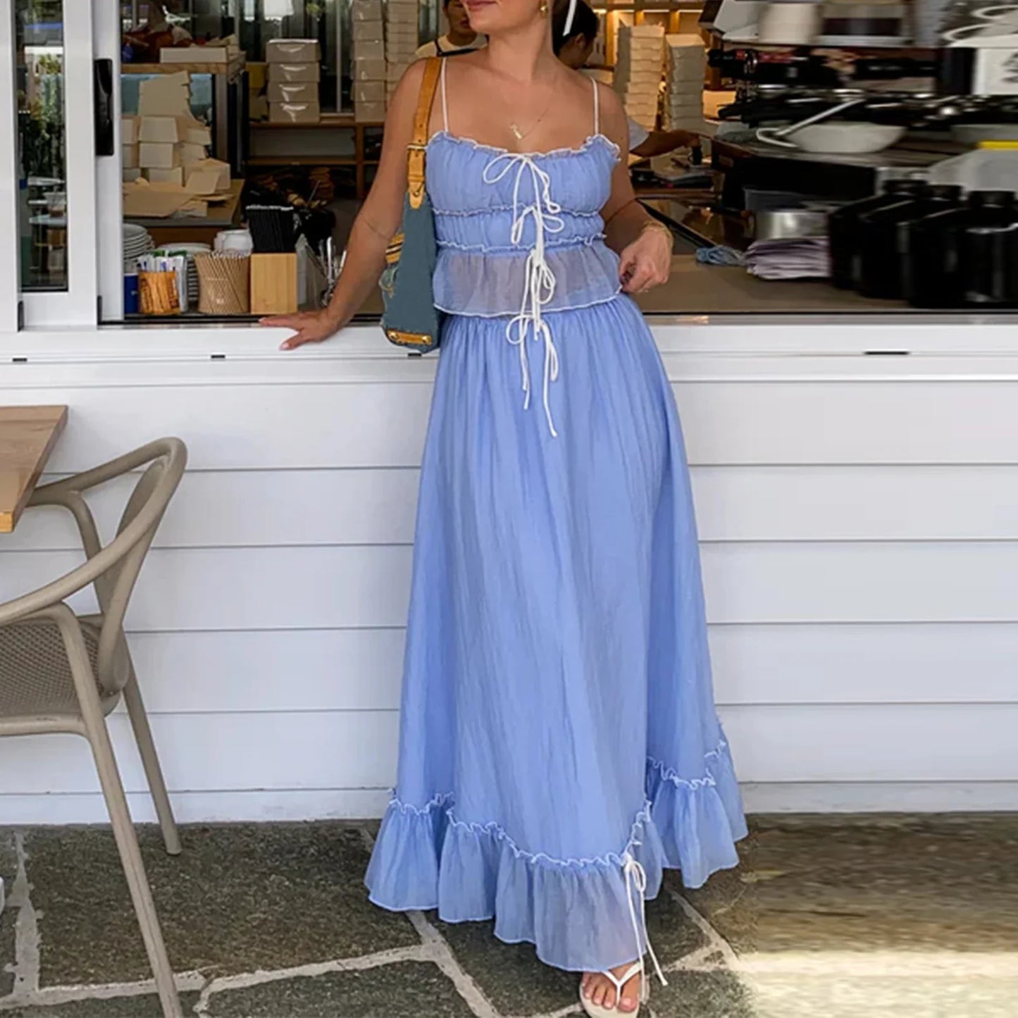 Ruffles Tie-Up Crop Top A-line Maxi Skirt Two Pieces Set