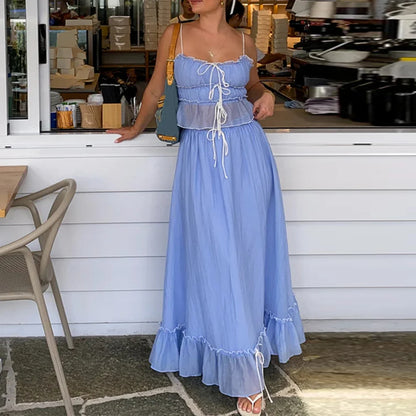 Ruffles Tie-Up Crop Top A-line Maxi Skirt Two Pieces Set