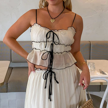 Ruffles Tie-Up Crop Top A-line Maxi Skirt Two Pieces Set