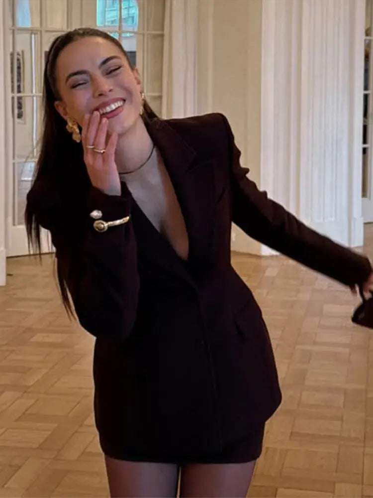 Burgundy Lapel Blazer Mini Skirt Office Two Piece Set