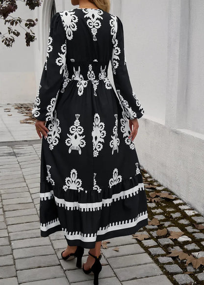 Elegant Printed V-neck A-line Boho Dress