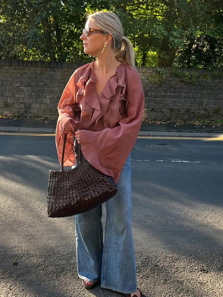 Flared Sleeve Cropped Blouse