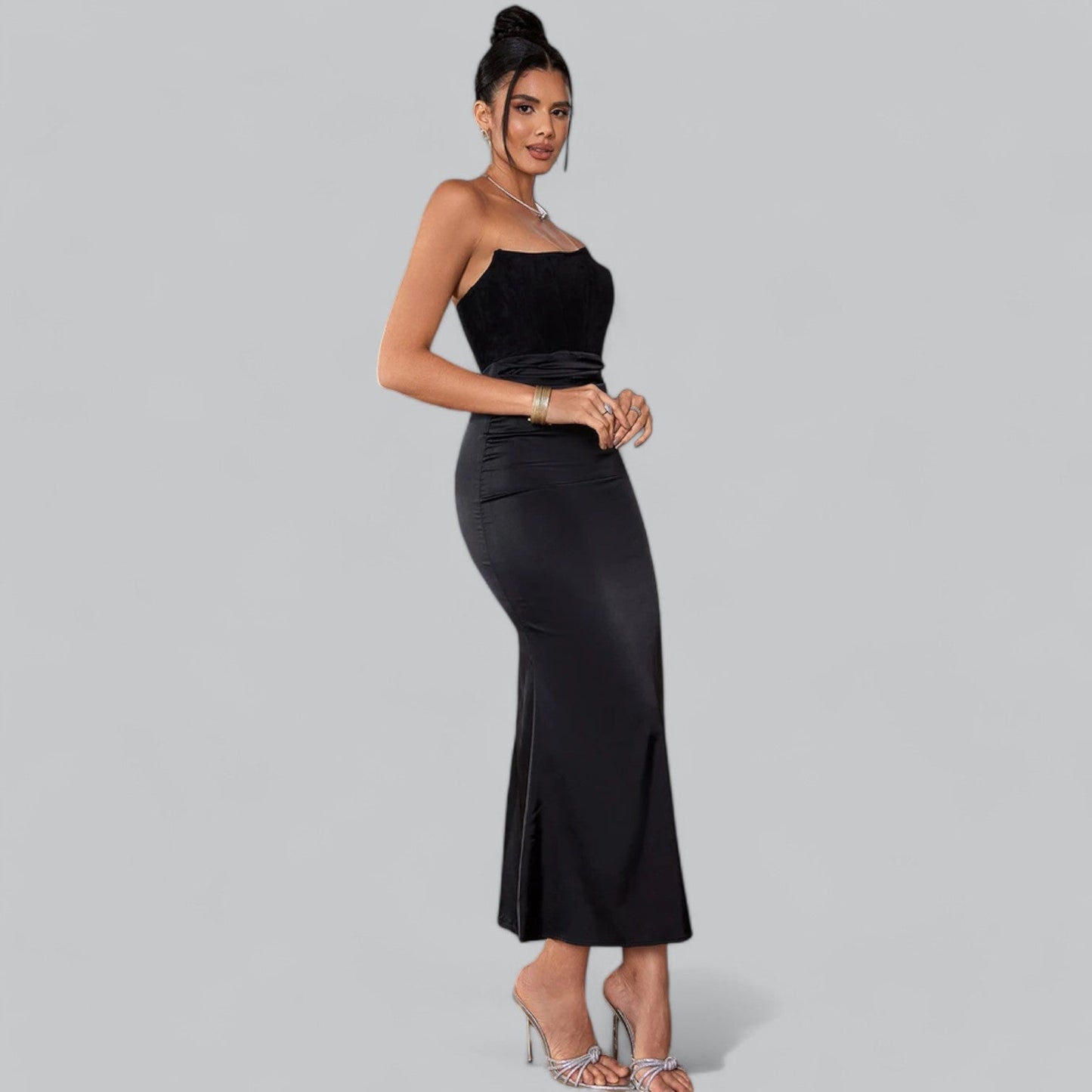 Elegant Strapless Corset Velvet Sheath Maxi Dress