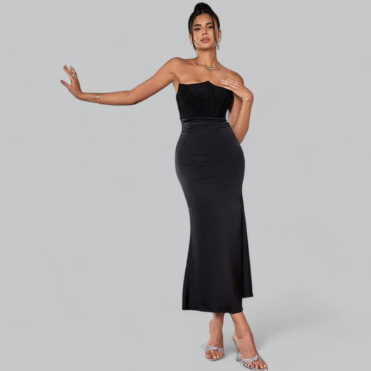 Elegant Strapless Corset Velvet Sheath Maxi Dress