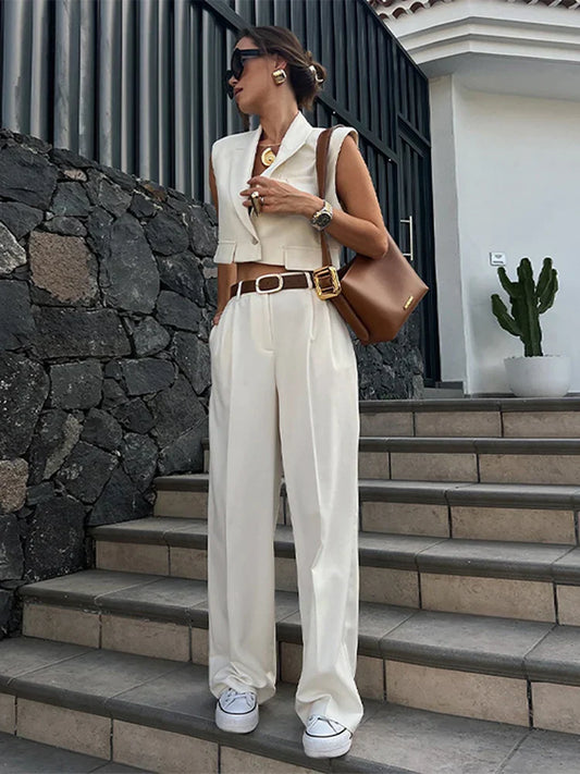 White V-neck Sleeveless Wide Leg Office Two Piece Set