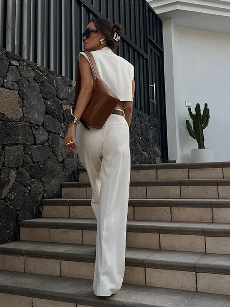 White V-neck Sleeveless Wide Leg Office Two Piece Set