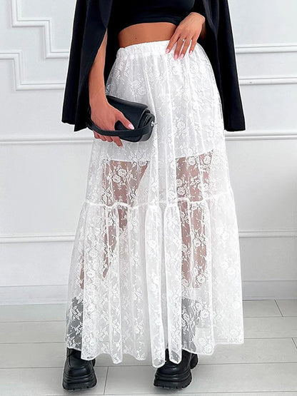 Elegant White Lace Straight High Waist Jacquard Weave Skirt