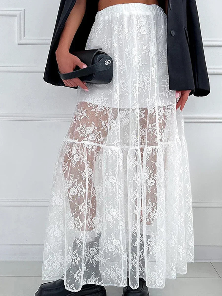 Elegant White Lace Straight High Waist Jacquard Weave Skirt