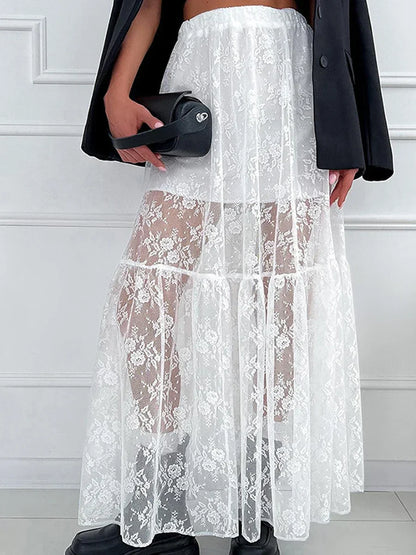 Elegant White Lace Straight High Waist Jacquard Weave Skirt