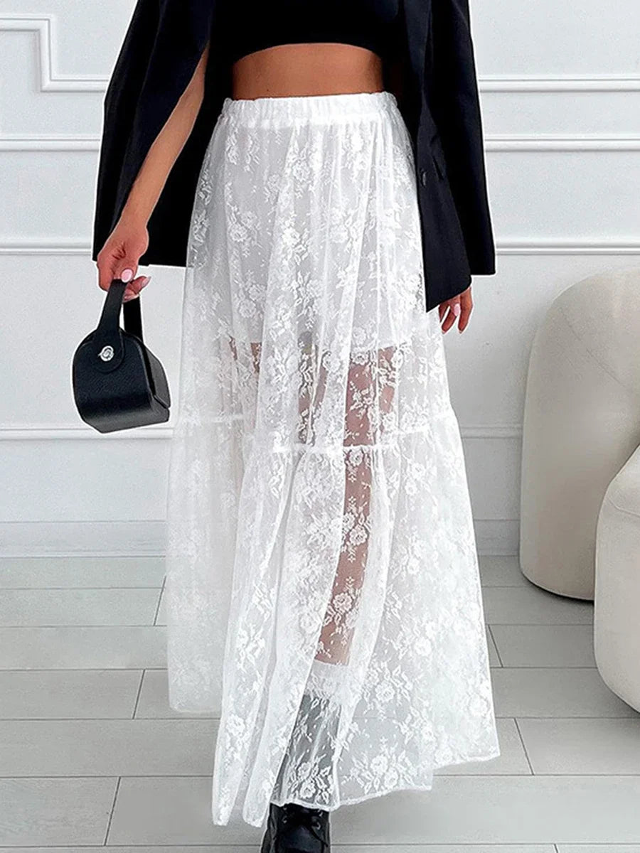 Elegant White Lace Straight High Waist Jacquard Weave Skirt