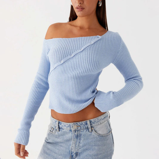 Elegant Off Shoulder Ribbed Solid Crop Slim Fit Knit Top