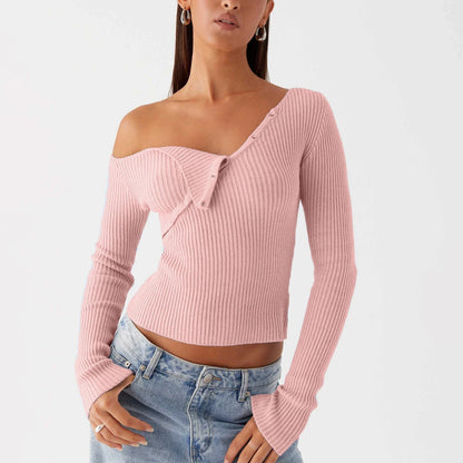 Elegant Off Shoulder Ribbed Solid Crop Slim Fit Knit Top