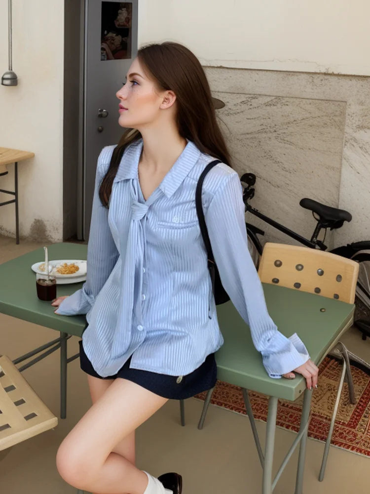 Blue Stripe Long Sleeve Necktie Blouse