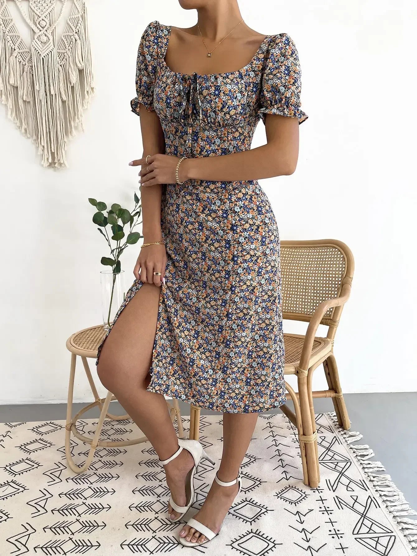 Elegant Pleated A-line Floral Print Casual Dress