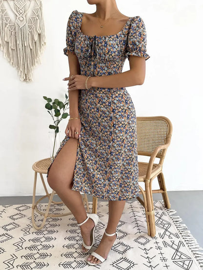 Elegant Pleated A-line Floral Print Casual Dress