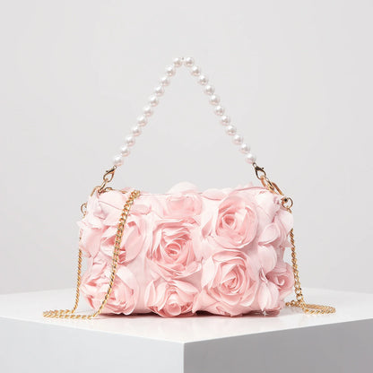 Elegant Rose Flower Faux Pearl Metal Chain Clutch Bag