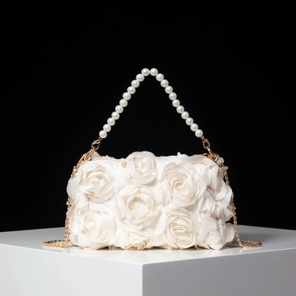 Elegant Rose Flower Faux Pearl Metal Chain Clutch Bag