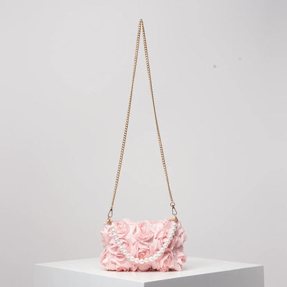 Elegant Rose Flower Faux Pearl Metal Chain Clutch Bag