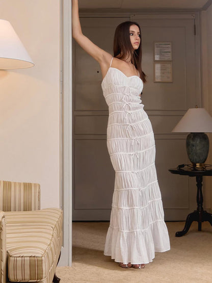Elegant White Ruched Maxi Dress Slimming Vacation Outfit for Photos