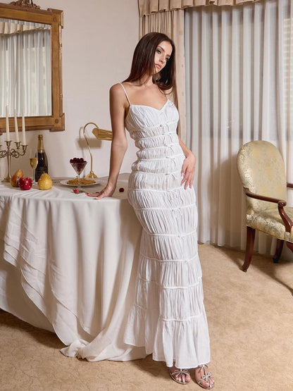 Elegant White Ruched Maxi Dress Slimming Vacation Outfit for Photos
