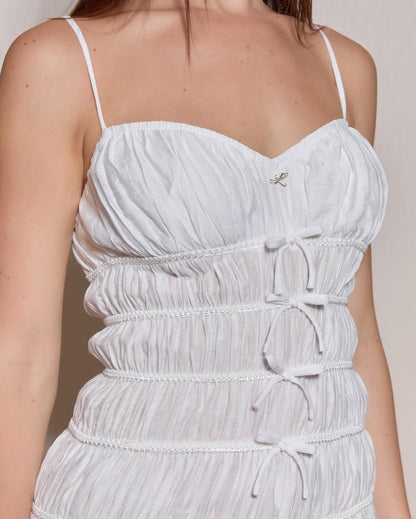 Elegant White Ruched Maxi Dress Slimming Vacation Outfit for Photos