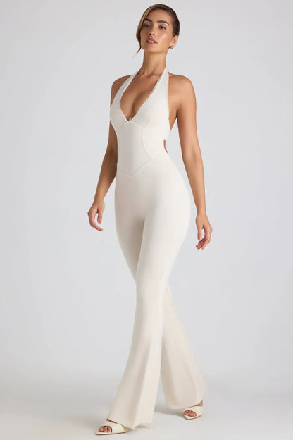 Elegant Black Jumpsuit for Women with Open Back and Halter Neck – Flattering Bodycon Fit for Special Occasions