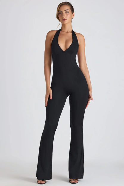 Elegant Black Jumpsuit for Women with Open Back and Halter Neck – Flattering Bodycon Fit for Special Occasions