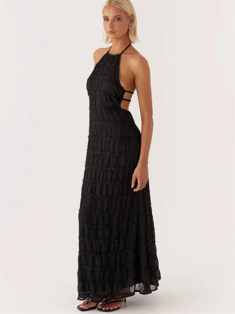 Elegant Halter Maxi Dress for Women – Open Back Summer Wedding Guest Dress, Lightweight and Flattering Fit