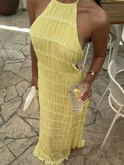 Elegant Halter Maxi Dress for Women – Open Back Summer Wedding Guest Dress, Lightweight and Flattering Fit