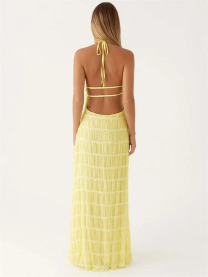 Elegant Halter Maxi Dress for Women – Open Back Summer Wedding Guest Dress, Lightweight and Flattering Fit