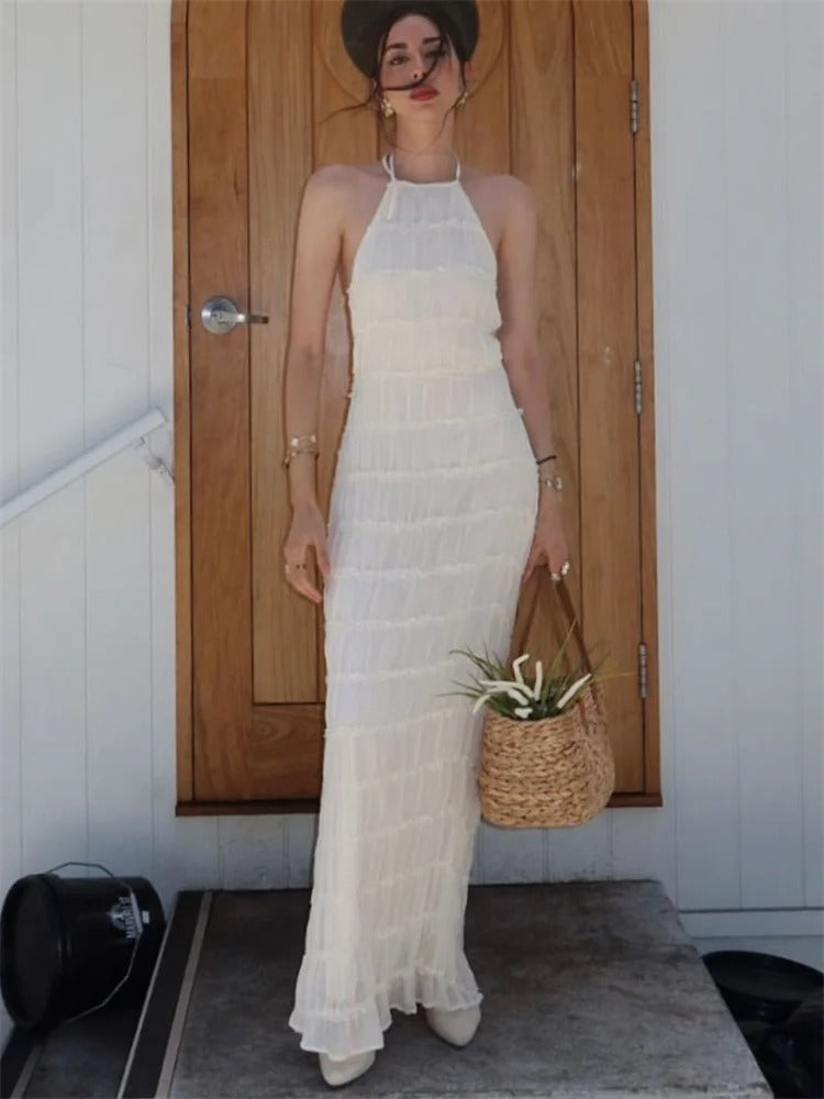 Elegant Halter Maxi Dress for Women – Open Back Summer Wedding Guest Dress, Lightweight and Flattering Fit