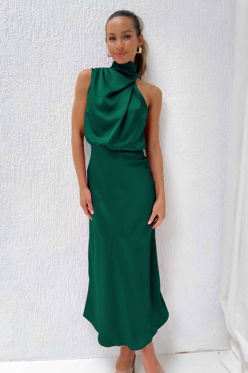 Elegant Midi Dress with Asymmetrical Neckline – Perfect for Special Occasions