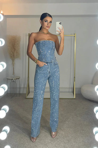 Elegant Strapless Jumpsuit with Glitter Detail – Luxurious Fit for Special Occasions