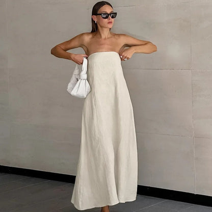 Elegant Strapless Maxi Dress for Women in Lightweight Linen – Flattering Summer Long Dress for Casual and Formal Occasions