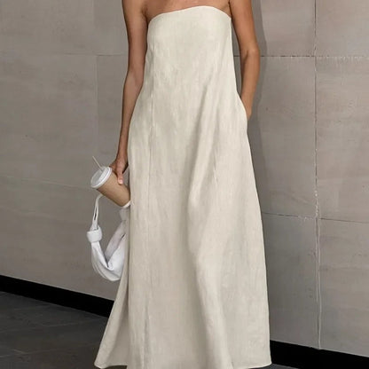 Elegant Strapless Maxi Dress for Women in Lightweight Linen – Flattering Summer Long Dress for Casual and Formal Occasions