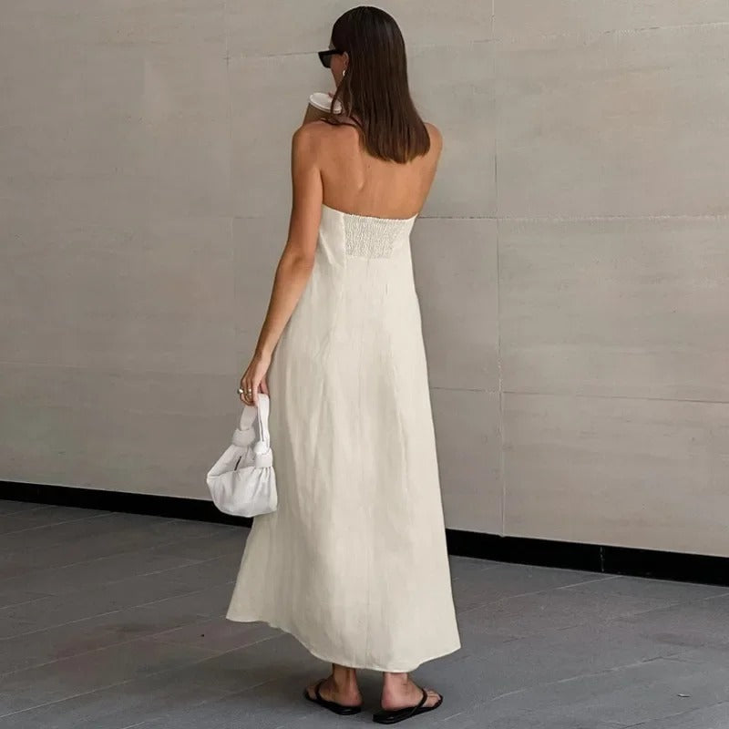 Elegant Strapless Maxi Dress for Women in Lightweight Linen – Flattering Summer Long Dress for Casual and Formal Occasions