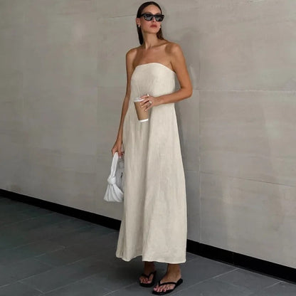 Elegant Strapless Maxi Dress for Women in Lightweight Linen – Flattering Summer Long Dress for Casual and Formal Occasions
