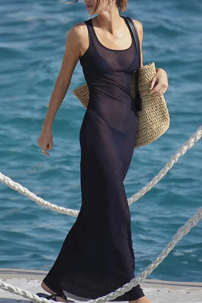 Ella Blue Mesh Sleeveless Maxi Dress