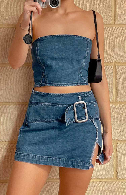Maddalena Buckle Denim Mini Skirt