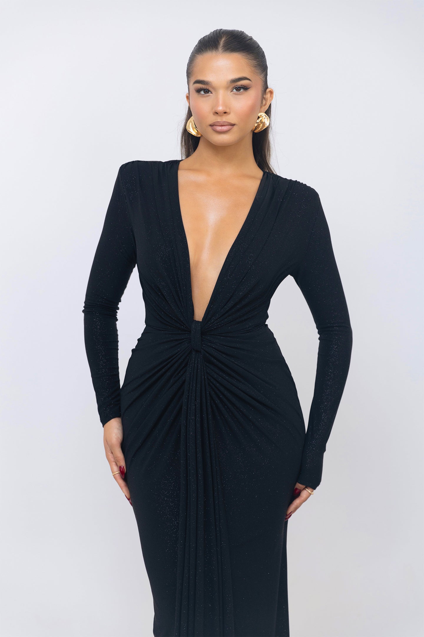 Beverly Deep V-Neck Ruched Maxi Dress