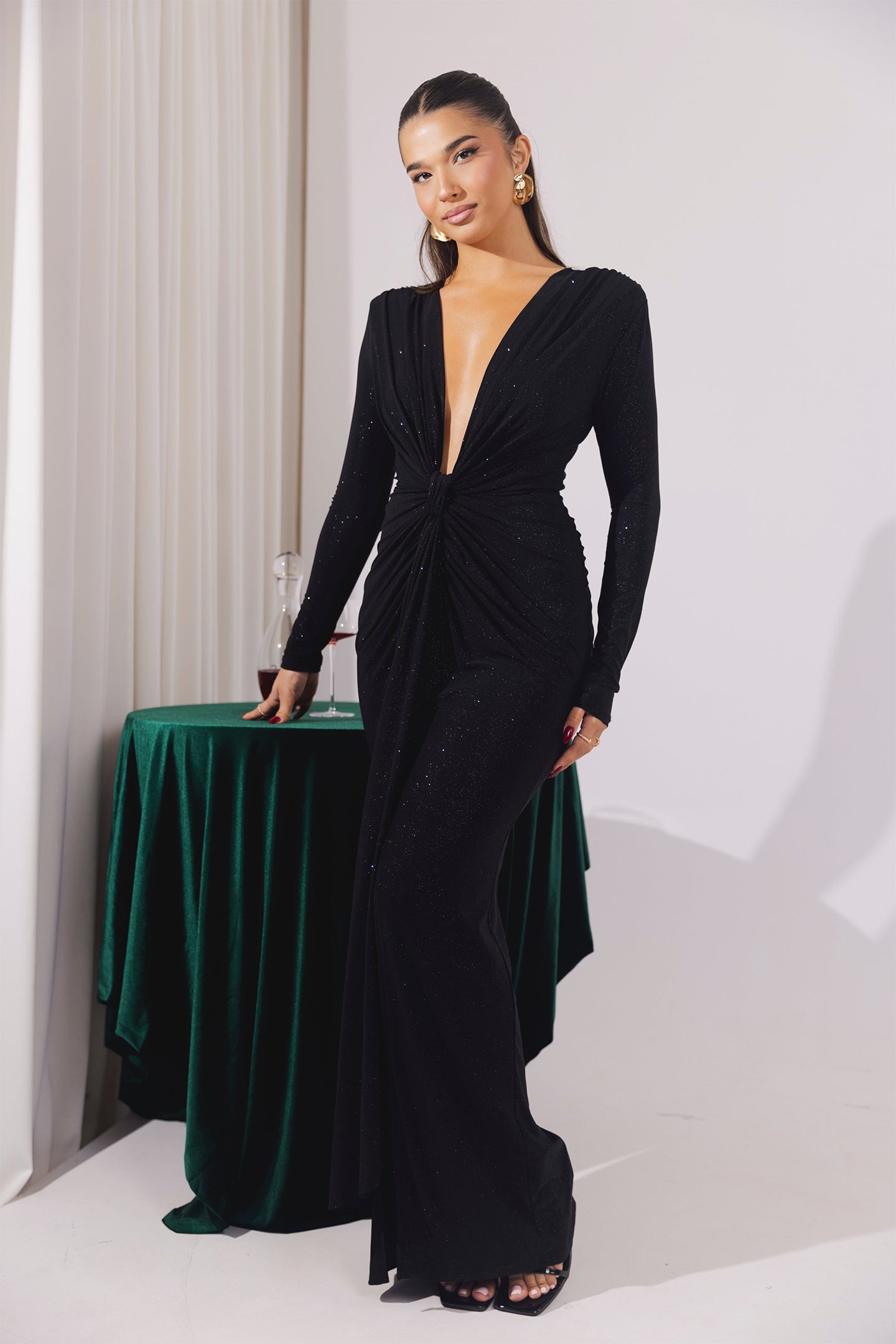 Beverly Deep V-Neck Ruched Maxi Dress