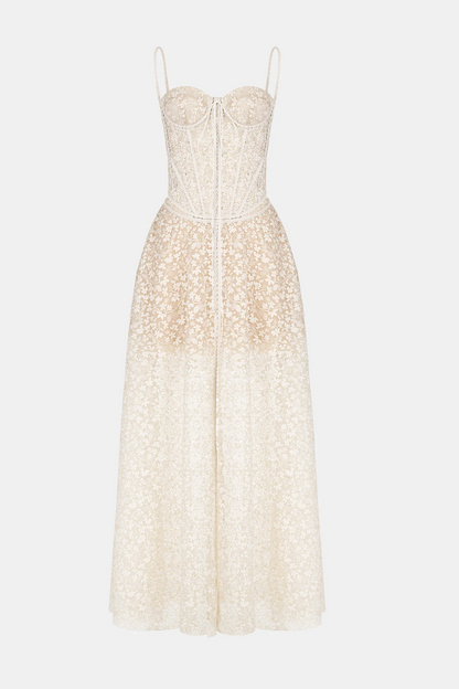 Emani Floral Lace Corset Cutout Maxi Dress - Beige