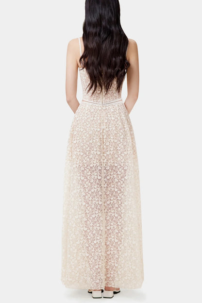Emani Floral Lace Corset Cutout Maxi Dress - Beige