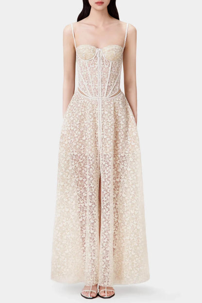 Emani Floral Lace Corset Cutout Maxi Dress - Beige