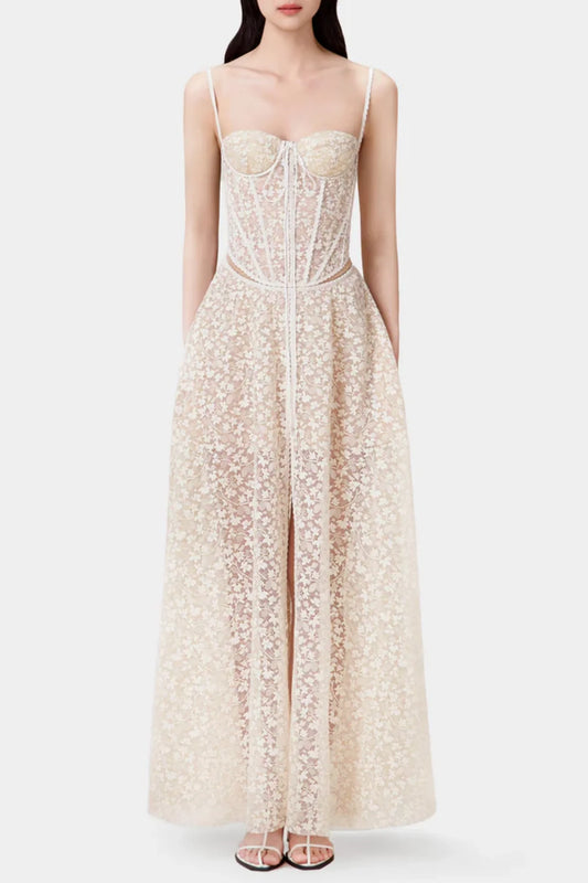 Emani Floral Lace Corset Cutout Maxi Dress - Beige
